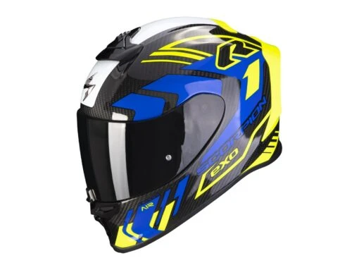 Scorpion Exo-R1 Evo Carbon Air Supra Motorradhelm, Blau-weiss-neongelb -Motorradzubehör Geschäft a scorpionexor1carba supra blaneoyelblu getstung 1920x1920 3082