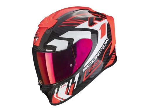 Scorpion Exo-R1 Evo Carbon Air Supra Motorradhelm , Carbon-weiss-rot -Motorradzubehör Geschäft a scorpionexor1carba supra blared getstung 1920x1920 3080