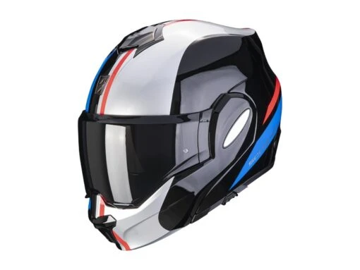 Scorpion Exo-Tech Evo Forza Klapphelm, Schwarz-silber-rot -Motorradzubehör Geschäft a scorpionexotech forza blasilred getstung 3188